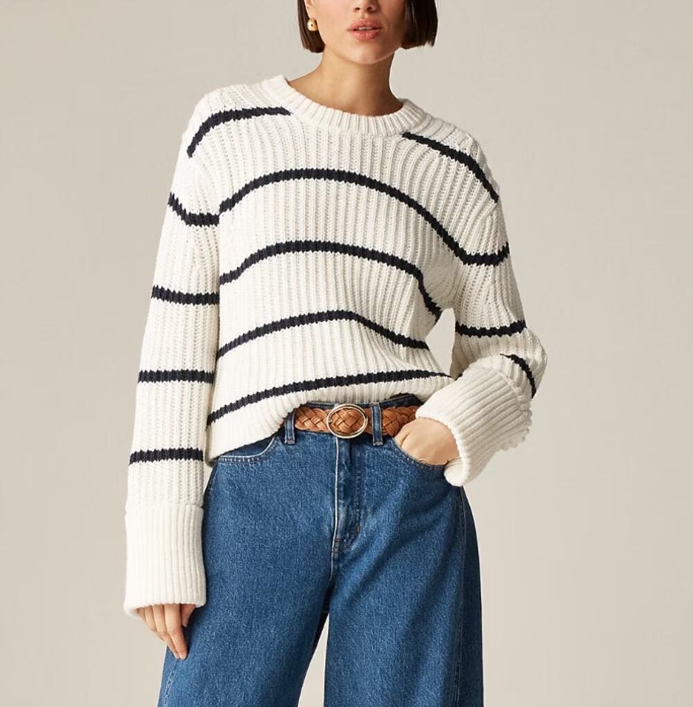 J.Crew Heritage Cotton Fisherman Crewneck Sweater WMNS M White Blue Stripe Knit